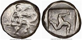 PAMPHYLIA. Aspendus. Ca. mid-5th century BC. AR stater (21mm, 3h). NGC VF, brushed. Helmeted nude hoplite warrior advancing right, shield in left hand...