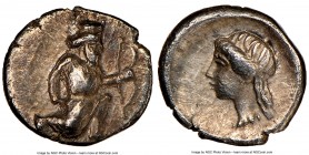 CILICIA. Uncertain mint. Ca. 4th century BC. AR tetartemorion (5mm, 4h). NGC AU. The Persian Great King in kneeling-running stance right, dagger in hi...