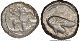 CILICIA. Mallus. Ca. 440-385 BC. AR stater (21mm, 5h). NGC Choice VF. Bearded male, winged, in kneeling/running stance left, holding solar disk with b...