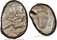 CILICIA. Soloi. Ca. 440-400 BC. AR stater (18mm, 7h). NGC VF, test cut. Amazon, nude to waist, on one knee left, wearing pointed cap, bowcase attached...