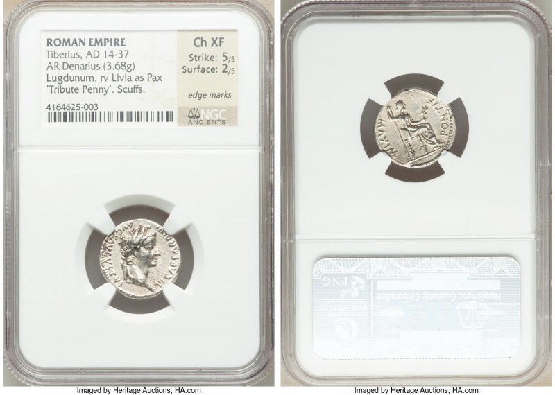 Tiberius (AD 14-37). AR denarius (18mm, 3.68 gm, 5h). NGC Choice XF 5/5 - 2/5, e...