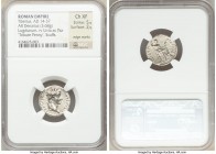 Tiberius (AD 14-37). AR denarius (18mm, 3.68 gm, 5h). NGC Choice XF 5/5 - 2/5, edge marks, scuffs. Lugdunum, ca. AD 18-35. TI CAESAR DIVI-AVG F AVGVST...