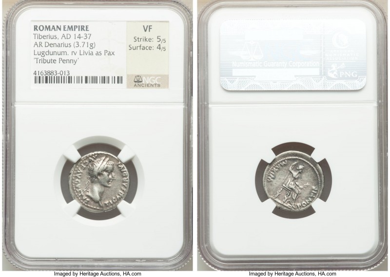 Tiberius (AD 14-37). AR denarius (18mm, 3.71 gm, 1h). NGC VF 5/5 - 4/5. Lugdunum...
