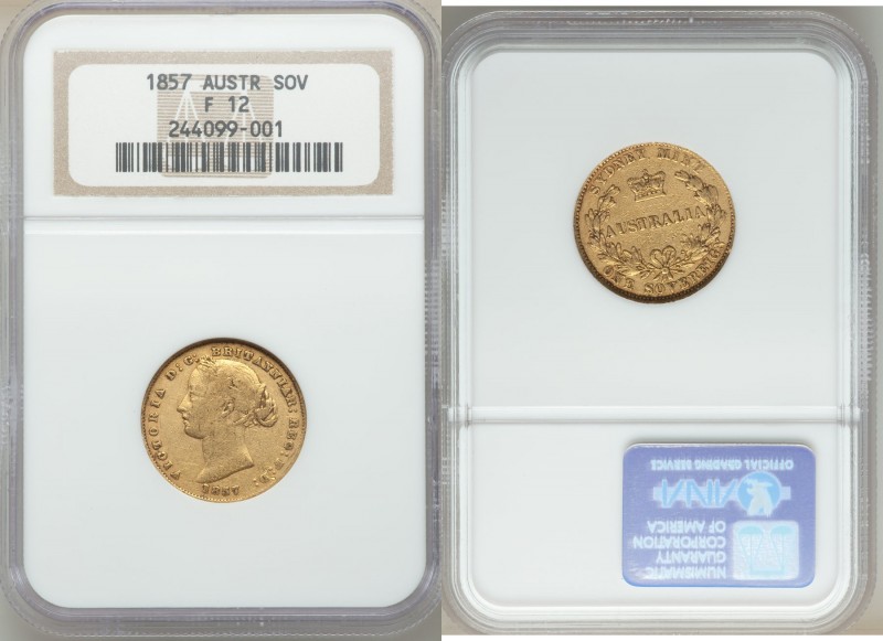 Victoria gold Sovereign 1857-SYDNEY F12 NGC, Sydney mint, KM4. 

HID0980124201...