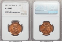 George V 1/2 Penny 1922-(sy) MS64 Red NGC, Sydney mint, KM22. A bright red near-gem and quite scarce as such, ranking both as the single finest of the...
