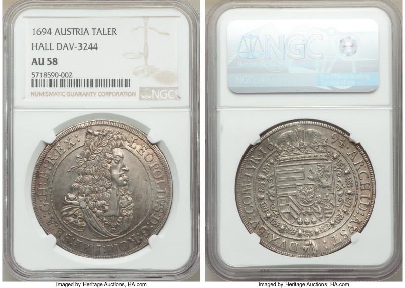 Leopold I Taler 1694 AU58 NGC, Hall mint, KM1303.3. Lustrous and lightly circula...