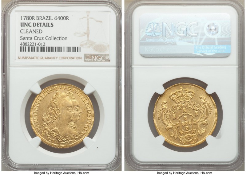 Maria I & Pedro III gold 6400 Reis 1780-R UNC Details (Cleaned) NGC, Rio de Jane...