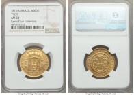João Prince Regent gold 4000 Reis 1812-(R) AU58 NGC, Rio de Janeiro mint, KM235.2, LMB-572B. PROT instead of PORT error - very rare thus. Ex. Santa Cr...