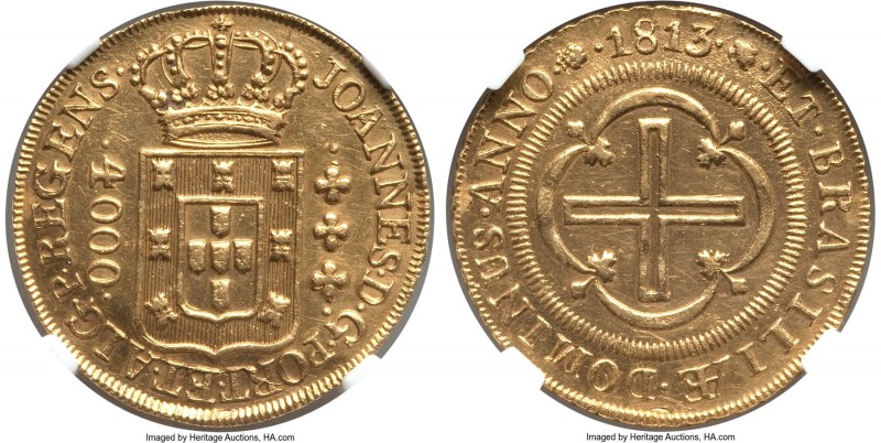 João Prince Regent gold 4000 Reis 1813-(R) AU Details (Edge Filing) NGC, Rio de ...
