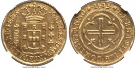 João Prince Regent gold 4000 Reis 1813-(R) AU Details (Edge Filing) NGC, Rio de Janeiro mint, KM235.2. Highly lustrous with minimal wear to the device...