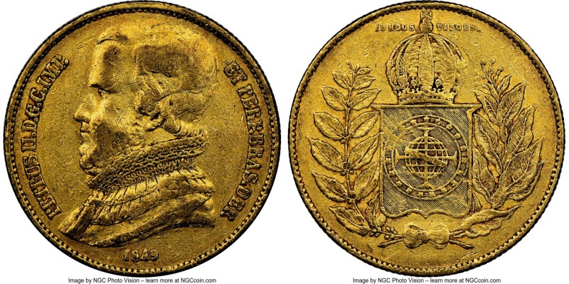 Pedro II gold 20000 Reis 1849 XF40 NGC, Rio de Janeiro mint, KM461. Mintage: 6,4...
