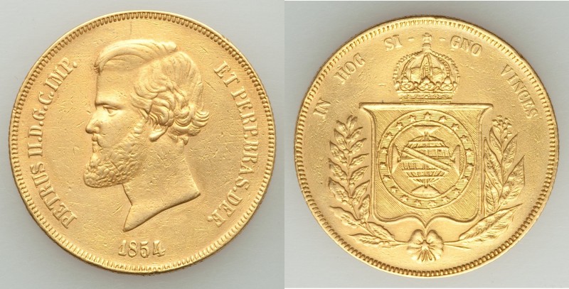 Pedro II gold 20000 Reis 1854 XF (Altered Surfaces), Rio de Janeiro mint, KM468....