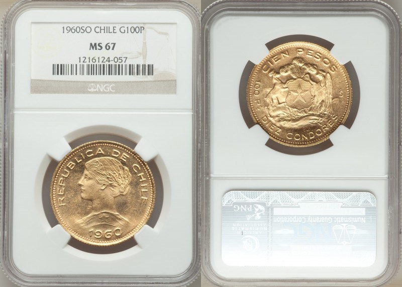 Republic gold 100 Pesos 1960-So MS67 NGC, Santiago mint, KM175. AGW 0.5885 oz. ...