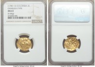 Philip V gold Cob 2 Escudos ND (1700-1713) MS63 NGC, Bogota mint, KM14.2. 6.66gm. Charles II posthumous type. Lustrous and well-preserved, typically c...