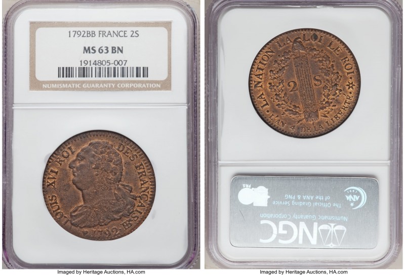 Louis XVI 2 Sols 1792-BB MS63 Brown NGC, Strasbourg mint, KM603.4.

HID0980124...