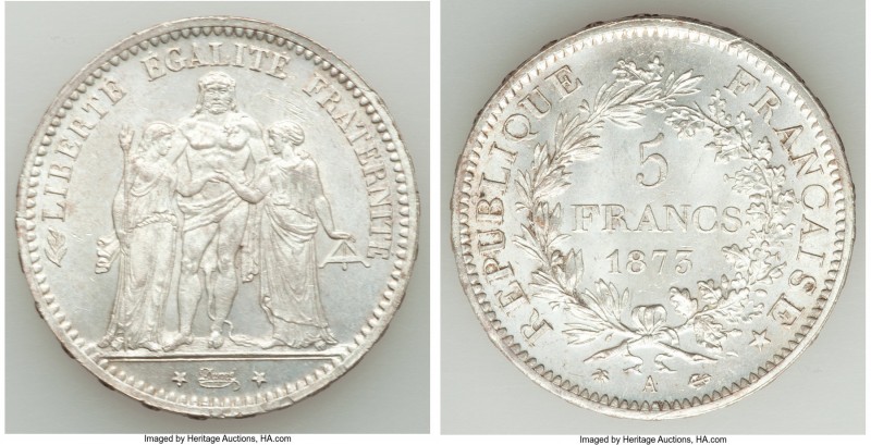 Republic 5 Francs 1873-A UNC, Paris mint, KM820.1. 37mm. 25.01gm. Icy white with...