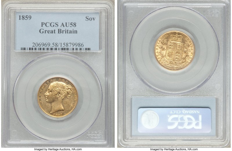 Victoria gold Sovereign 1859 AU58 PCGS, KM736.1. AGW 0.2355 oz. 

HID098012420...