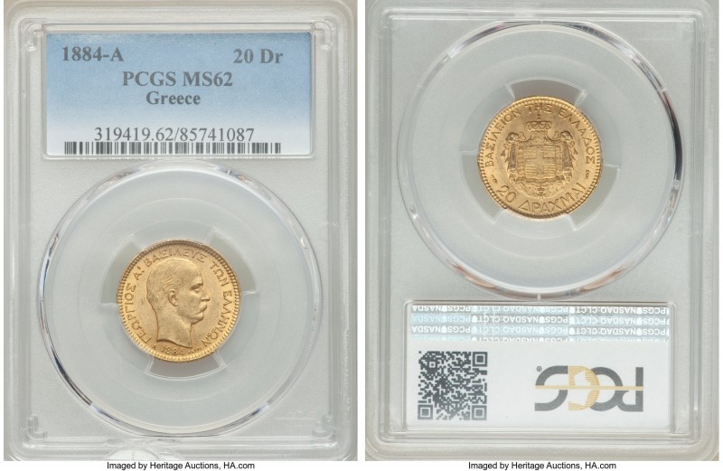 George I gold 20 Drachmai 1884-A MS62 PCGS, Paris mint, KM56. AGW 0.1867 oz.

...