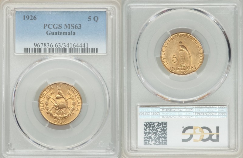 Republic gold 5 Quetzales 1926-(P) MS63 PCGS, Philadelphia mint, KM244. AGW 0.24...