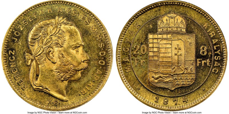 Franz Joseph I gold 20 Francs (8 Forint) 1874-KB MS63 NGC, Kremnitz mint, KM455....