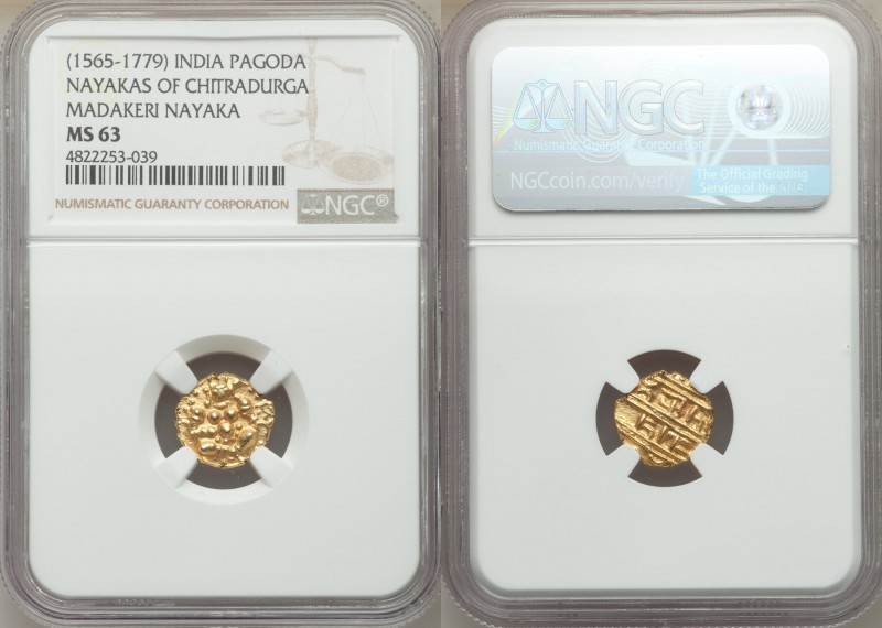 Nayakas of Chitradurga. Madakeri Nayaka gold Pagoda ND (1565-1779) MS63 NGC, KM-...