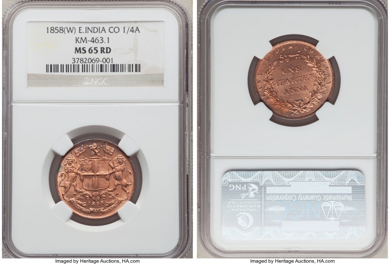 British India. East India Company 1/4 Anna 1858-(w) MS65 Red NGC, Birmingham min...