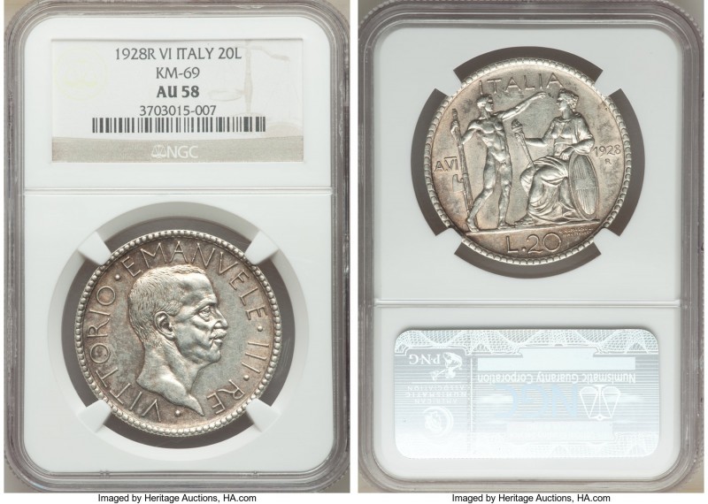 Vittorio Emanuele III 20 Lire Anno VI (1928)-R AU58 NGC, Rome mint, KM69. 

HI...