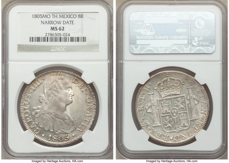 Charles IV 8 Reales 1805 Mo-TH MS62 NGC, Mexico City mint, KM109. Narrow date va...