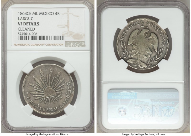 Republic 4 Reales 1863 Ce-ML VF Details (Cleaned) NGC, Real de Catorce mint, KM3...