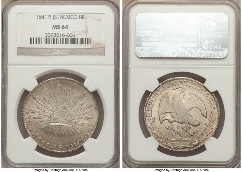 Republic 8 Reales 1841 Pi-JS MS64 NGC, San Luis Potosi mint, KM377.12. Lovely ro...