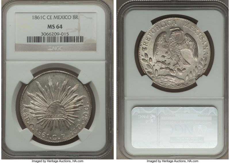 Republic 8 Reales 1861 C-CE MS64 NGC, Culiacan mint, KM377.3. On the cusp of a g...