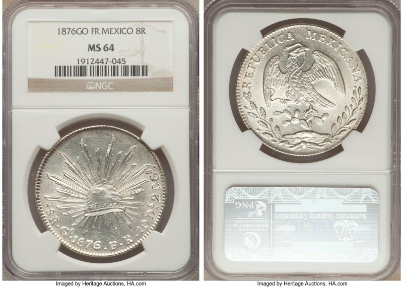 Republic 8 Reales 1876 Go-FR MS64 NGC, Guanajuato mint, KM377.8. Bright white wi...