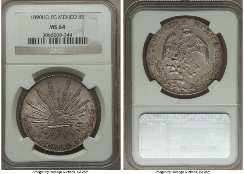 Republic 8 Reales 1890 Ho-FG MS64 NGC, Hermosillo mint, KM377.9. Minimally marke...