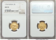 Elizabeth gold 2 Roubles 1756 AU53 NGC, Red mint, KM-C23.1, Bit-56 (R). Dot ends legend. Obv. Crowned and draped bust of Elizabeth right. Rev. Crowned...