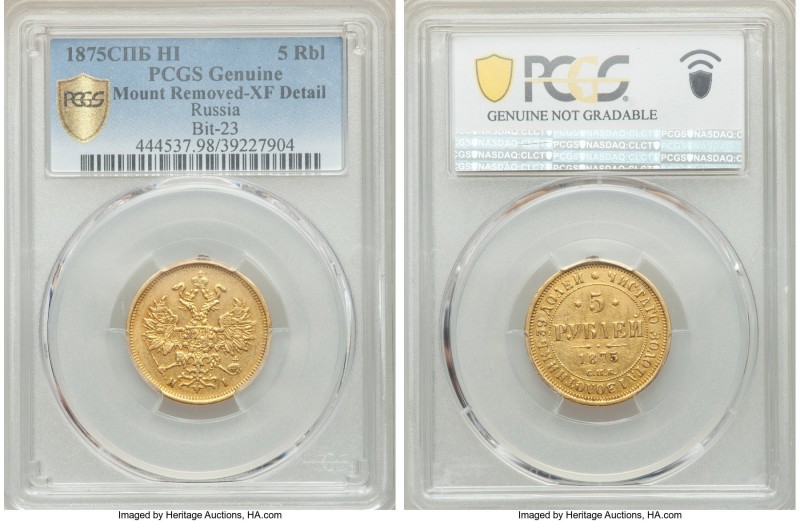 Alexander II gold 5 Roubles 1875 CПБ-HI XF Details (Mount Removed) PCGS, St. Pet...