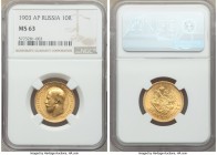 Nicholas II gold 10 Roubles 1903-AP MS63 NGC, St. Petersburg mint, KM-Y64. AGW 0.2489 oz. 

HID09801242017

© 2020 Heritage Auctions | All Rights ...