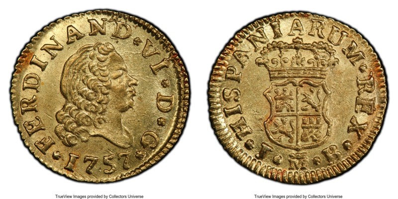 Ferdinand VI gold 1/2 Escudo 1757 M-JB MS64 PCGS, Madrid mint, KM378. 

HID098...