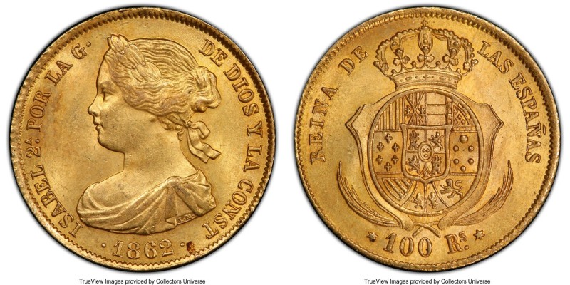 Isabel II gold 100 Reales 1862 MS64 PCGS, Madrid mint, KM605.2. AGW 0.2412 oz. ...