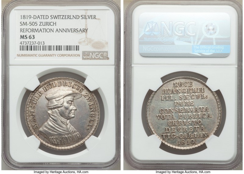 Zurich. Canton silver "Reformation Anniversary" Medal 1819-Dated MS63 NGC, SM-50...