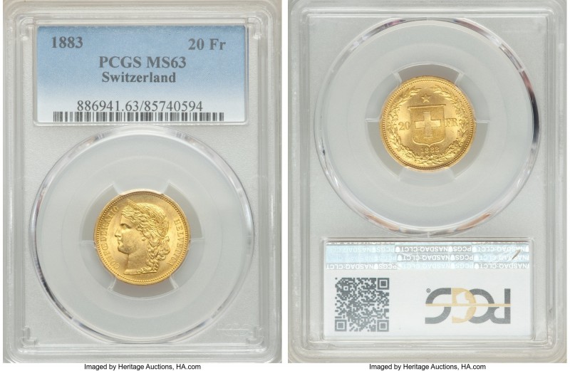 Confederation gold 20 Francs 1883 MS63 PCGS, KM31.1. AGW 0.1867 oz. 

HID09801...