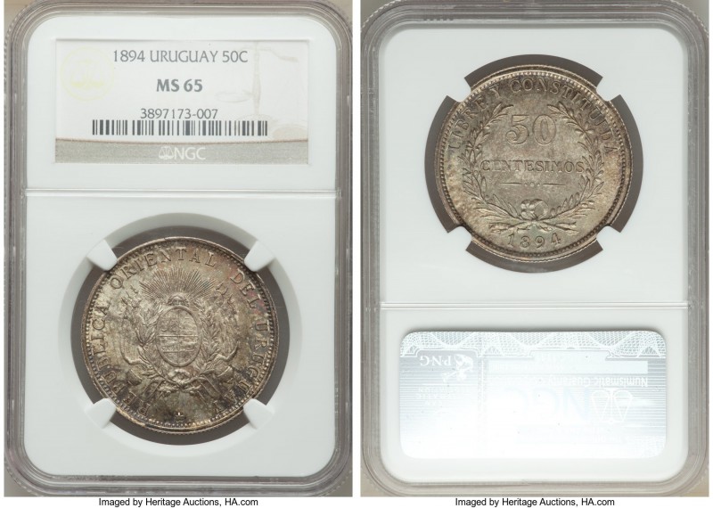 Republic 50 Centesimos 1894 MS65 NGC, Uruguay mint, KM16. A superior gem display...