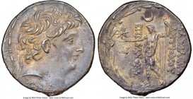 SELEUCID KINGDOM. Antiochus VIII Epiphanes Grypus (121-96 BC). AR tetradrachm (31mm, 12h). NGC AU. Ake Ptolemais, ca. 121/0-113 BC. Diademed head of A...