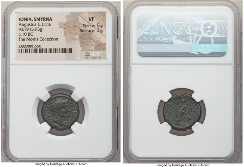 IONIA. Smyrna. Augustus (27 BC-AD 14), with Livia. AE (19mm, 5.93 gm, 1h). NGC V...