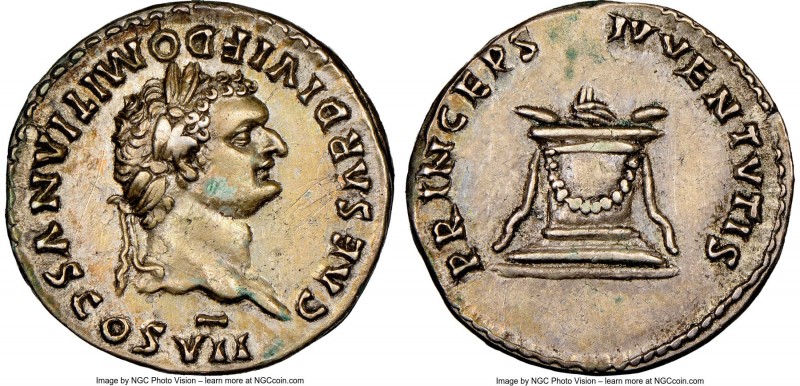 Domitian, as Caesar (AD 81-96). AR denarius (18mm, 3.50 gm, 7h). NGC Choice XF 5...