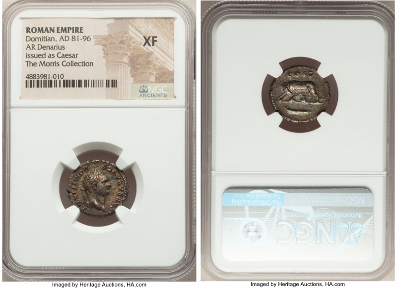 Domitian, as Caesar (AD 81-96). AR denarius (18mm, 6h). NGC XF. Rome, under Vesp...