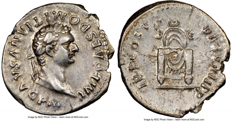 Domitian, as Augustus (AD 81-96). AR denarius (19mm, 5h). NGC XF, flan flaw. Rom...