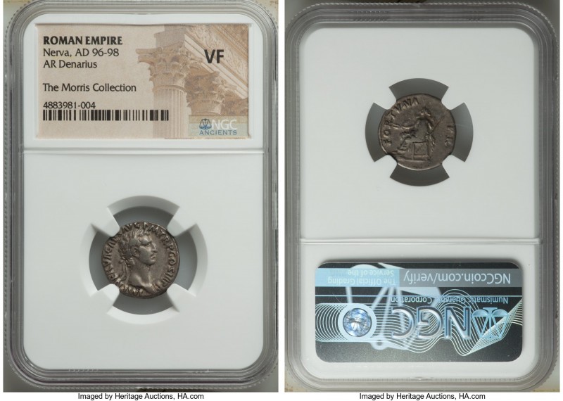 Nerva (AD 96-98). AR denarius (17mm, 6h). NGC VF. Rome, AD 97. IMP NERVA CAES AV...