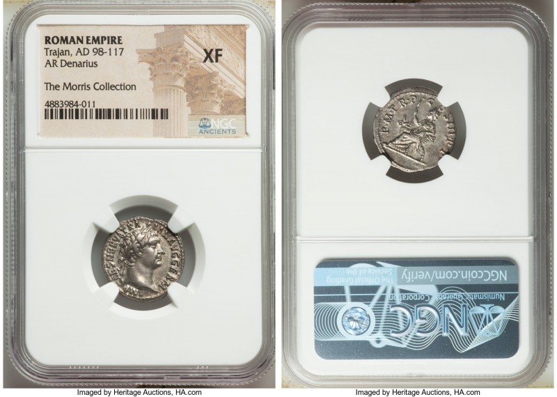 Trajan (AD 98-117). AR denarius (19mm, 7h). NGC XF. Rome, AD 100. IMP CAES NERVA...