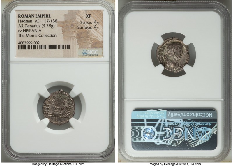 Hadrian (AD 117-138). AR denarius (19mm, 3.28 gm, 6h). NGC XF 4/5 - 4/5. Travel ...