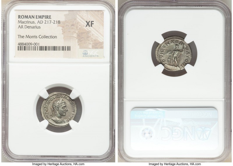 Macrinus (AD 217-218). AR denarius (19mm, 7h). NGC XF. Rome. IMP C M OPEL SEV MA...